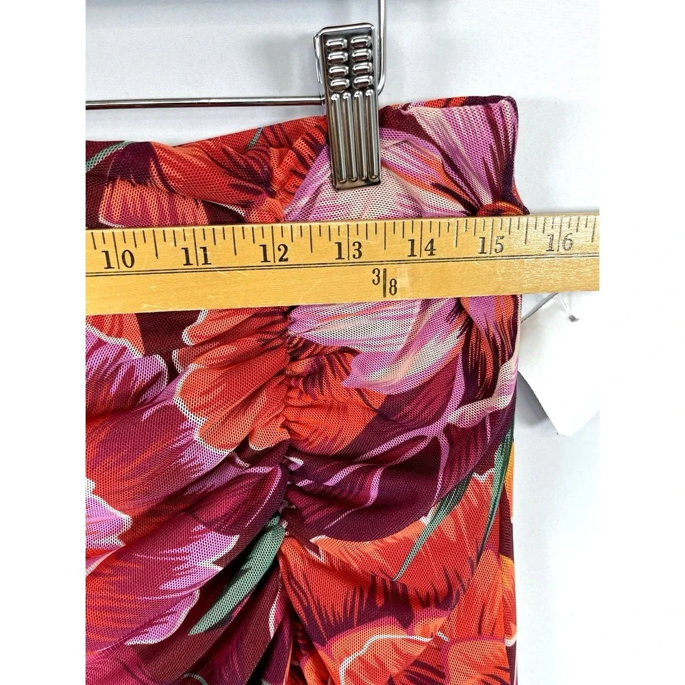 NWT Womens Ruched Peony Floral Midi Skirt L Slit Mesh Strechy Tropical Resort‎